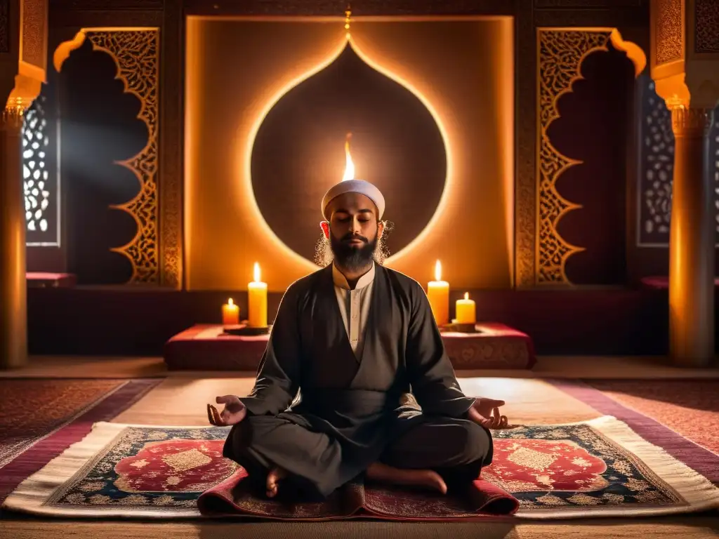 Prácticas de meditación en Sufismo: Imagen cautivadora de un practicante en meditación profunda, iluminado por la suave luz de las velas
