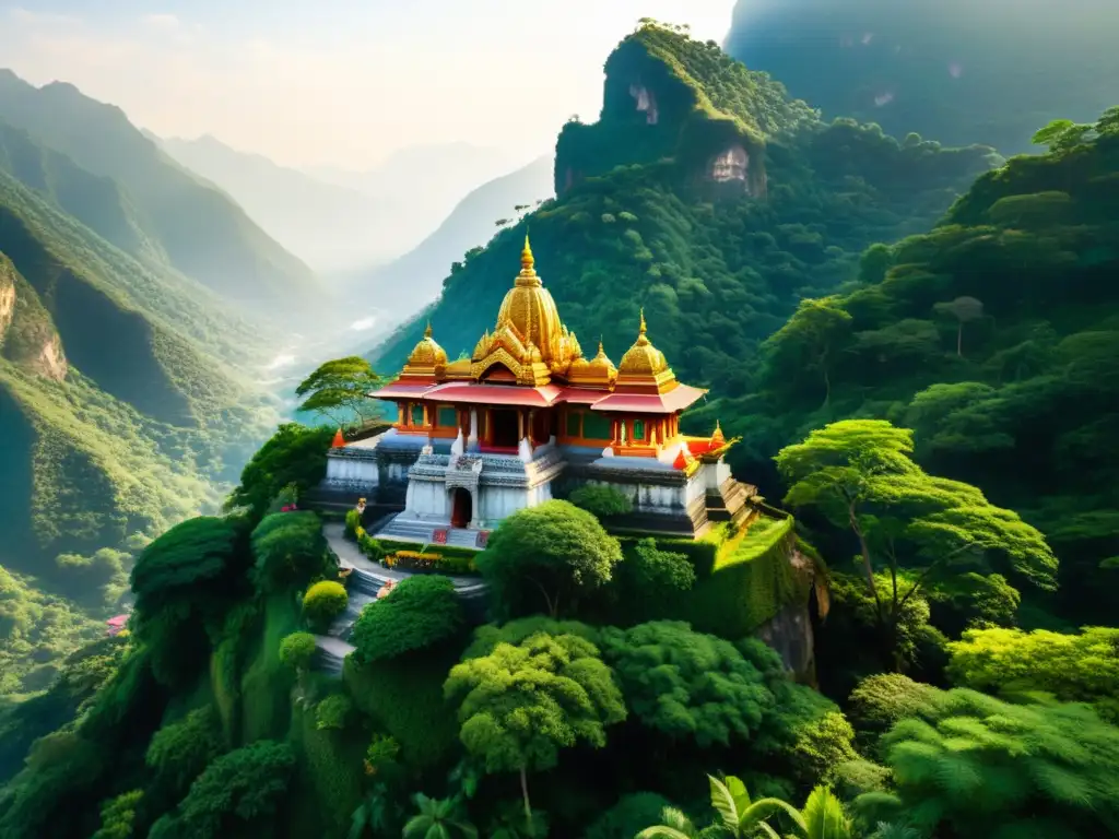 Un precioso templo hindú en la montaña, rodeado de exuberante naturaleza