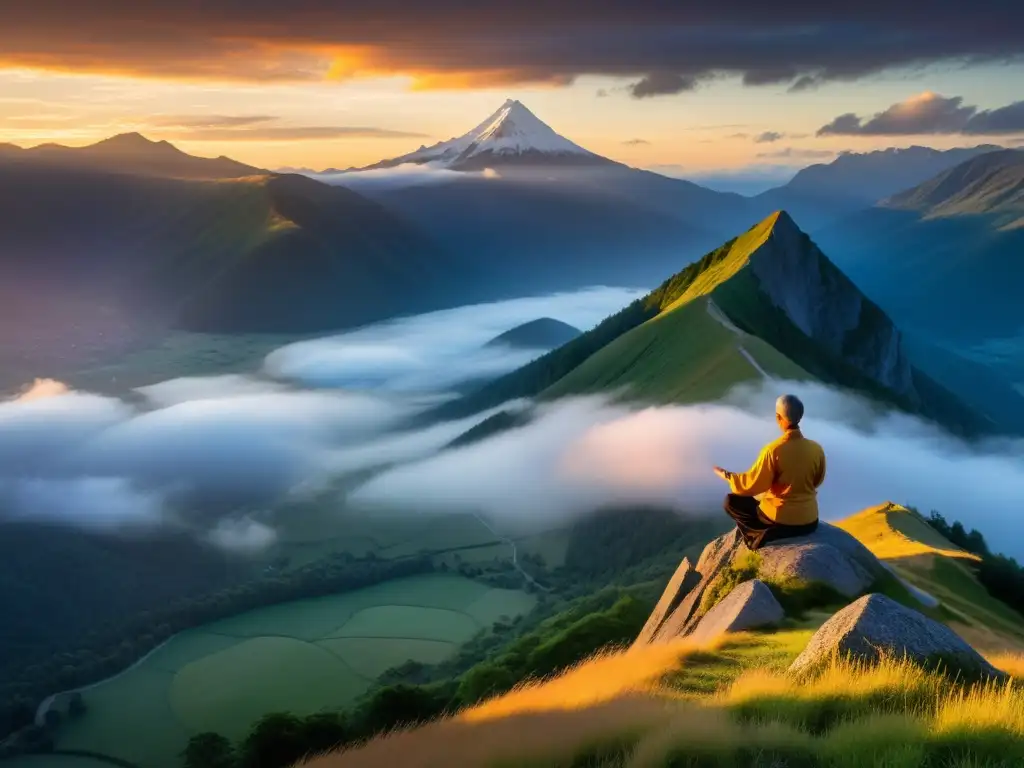 Principios Taoístas para una Vida en Harmonía: Practicante de Tai Chi en la cima neblinosa al amanecer, en armonía con la naturaleza