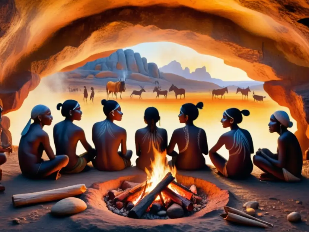 Profecías y Enseñanzas Cultura Aborigen: Ancianos aborígenes comparten sabiduría alrededor del fuego en una cueva ancestral