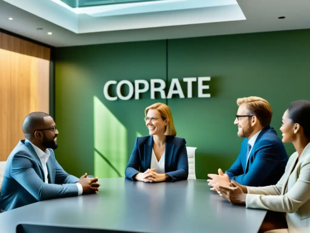Profesionales diversos participan en una animada discusión sobre ética corporativa efectiva en una sala de reuniones llena de luz natural