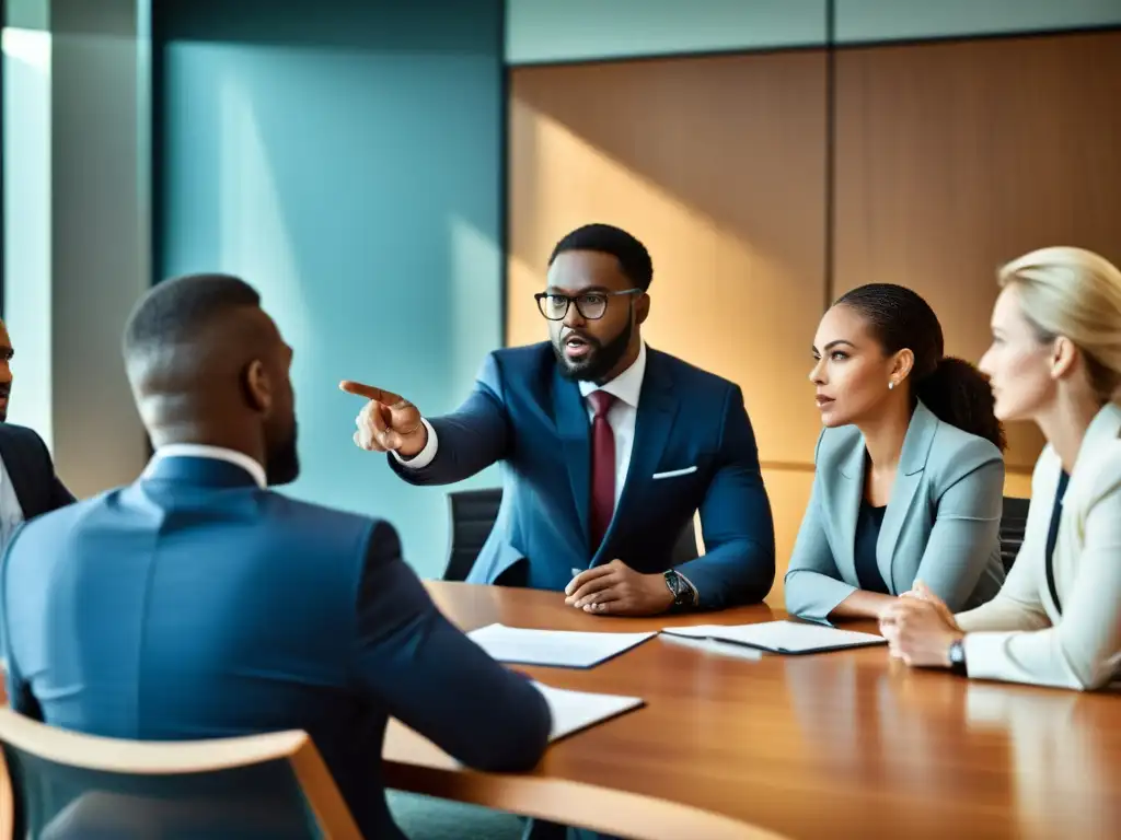 Profesionales debaten Ética en la competencia empresarial con pasión en una reunión intensa y profesional en una moderna oficina