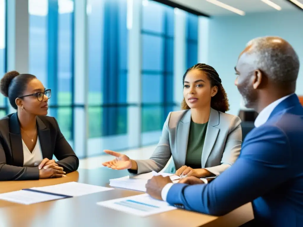 Profesionales diversificados discuten ética en el futuro del trabajo en una oficina moderna con luz natural