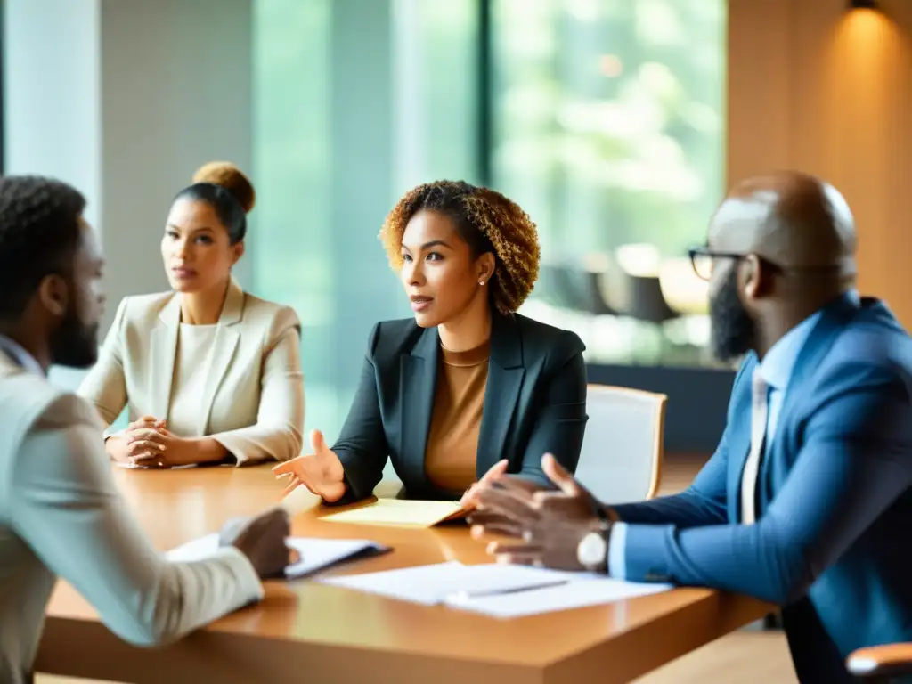 Profesionales diversificados discuten ética del utilitarismo en liderazgo alrededor de una mesa, con pasión y enfoque