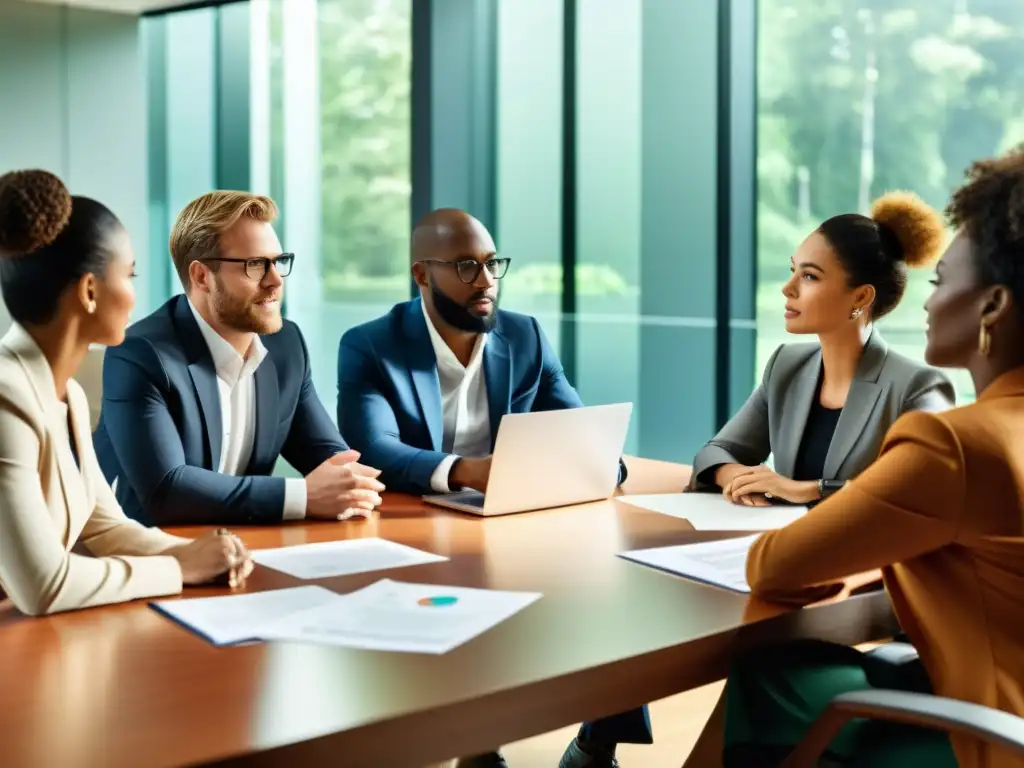 Profesionales diversificados en una intensa discusión sobre ética en el futuro del trabajo, en una sala luminosa y moderna