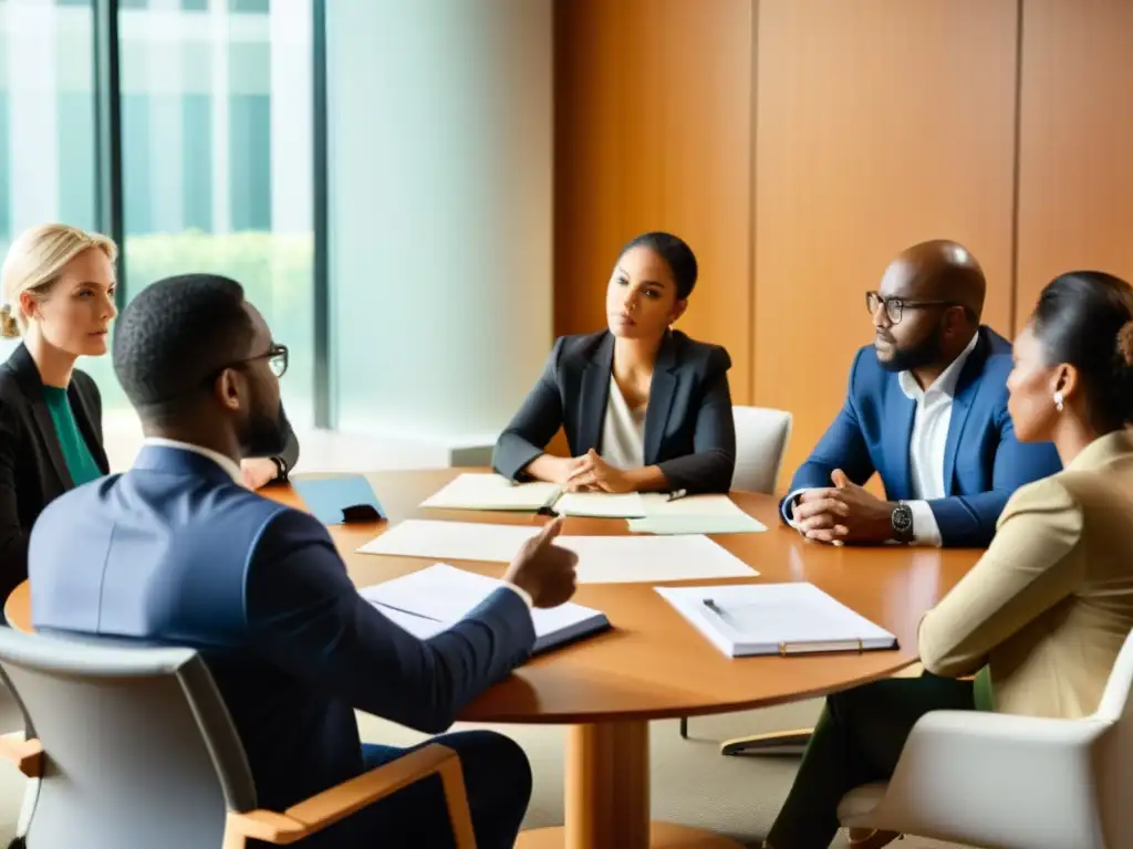 Profesionales diversificados en mesa redonda debaten ética empresarial y retención talentos, con expresiones concentradas y determinación