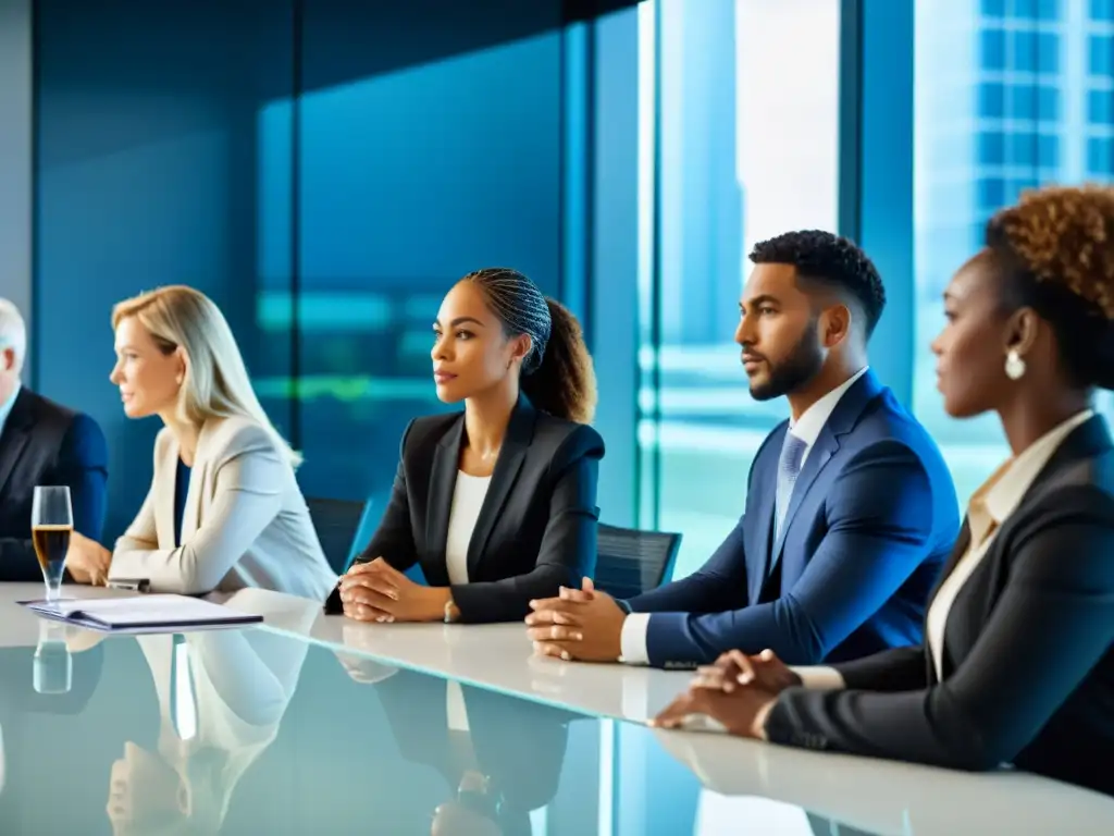Profesionales diversos en trajes de negocios tienen una discusión respetuosa en una sala de juntas moderna, simbolizando la ética corporativa efectiva