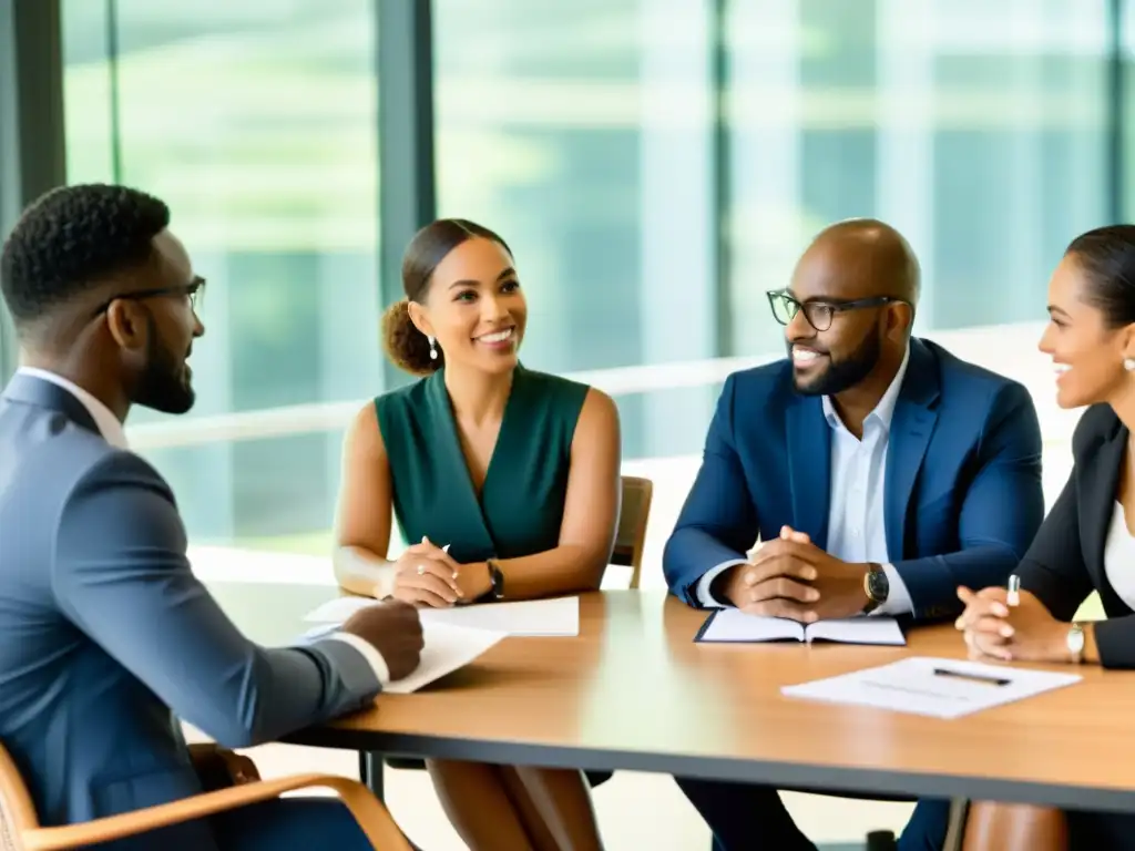 Profesionales colaborando en discusión ética empresarial mejores prácticas, ambiente cálido y profesional