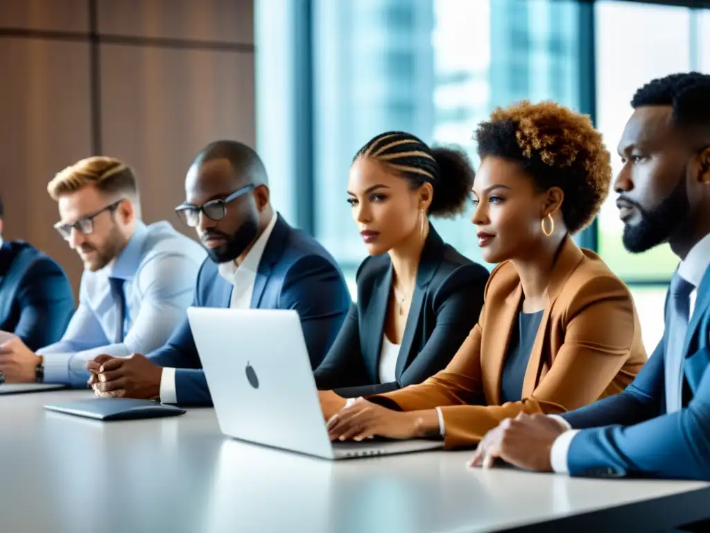 Profesionales colaborando en estrategias para el manejo ético de imagen corporativa en una oficina moderna