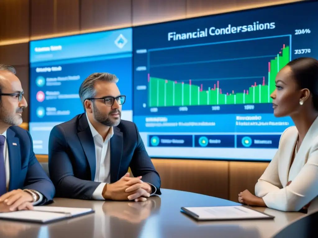 Profesionales financieros debaten impacto ético de algoritmos en sistema financiero en moderna sala de juntas