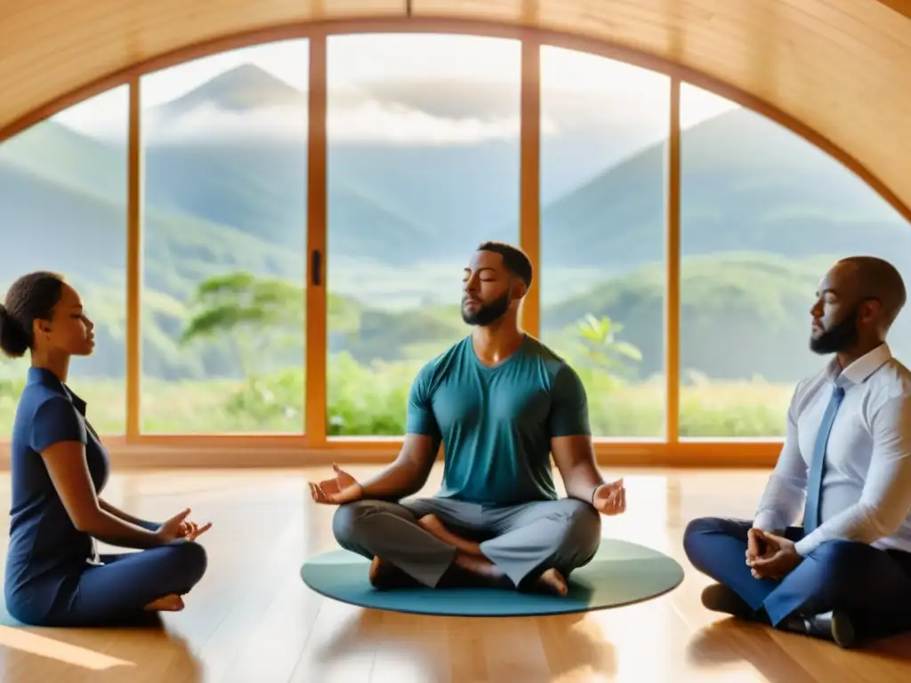 Profesionales practicando Mindfulness para desarrollar habilidades directivas en un ambiente sereno y concentrado