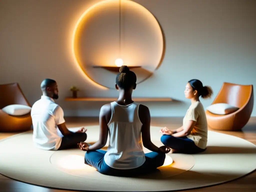 Profesionales practican Mindfulness, desarrollando habilidades directivas en una atmósfera serena y contemplativa