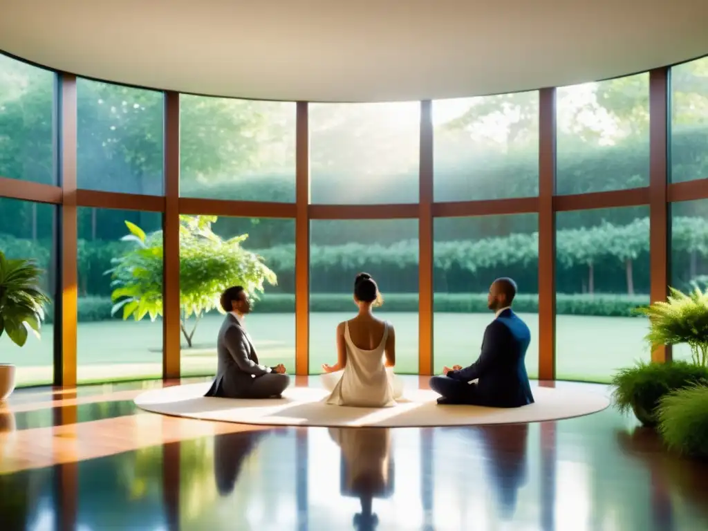 Profesionales meditan en un luminoso salón con vista al jardín