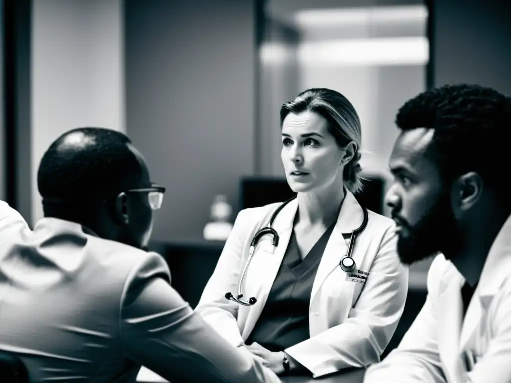 Profesionales médicos debatiendo en una sala de junta, con expresiones intensas y equipo médico moderno de fondo