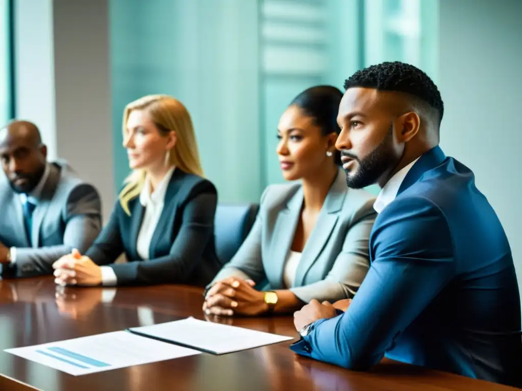 Profesionales de negocios diversificados en reunión ética, reflejando seriedad y colaboración en el mercado global