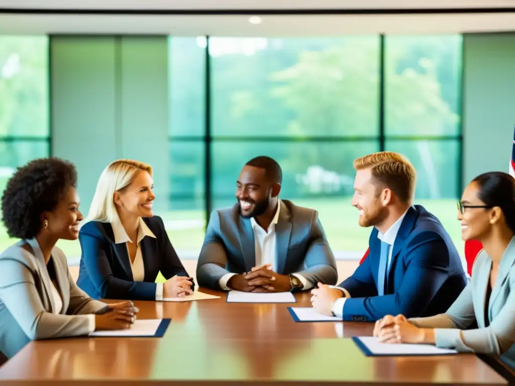 Profesionales de negocios de distintos orígenes culturales participan en una discusión colaborativa y respetuosa en una sala luminosa, con banderas de varios países en el fondo