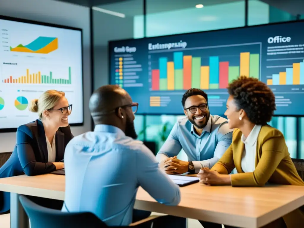 Profesionales colaborando en una oficina moderna, discutiendo sobre rentabilidad con propósito social empresas B, con gráficos en pantalla