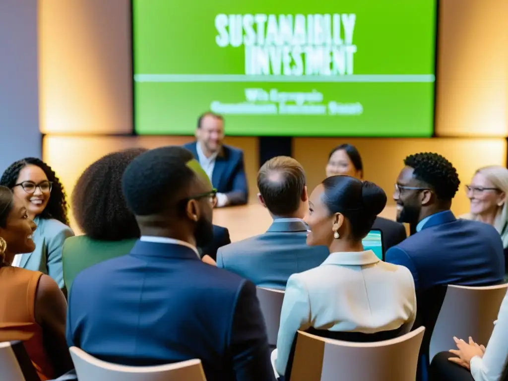 Profesionales integrando sostenibilidad en estrategia de inversión en animada conferencia sobre inversiones sostenibles
