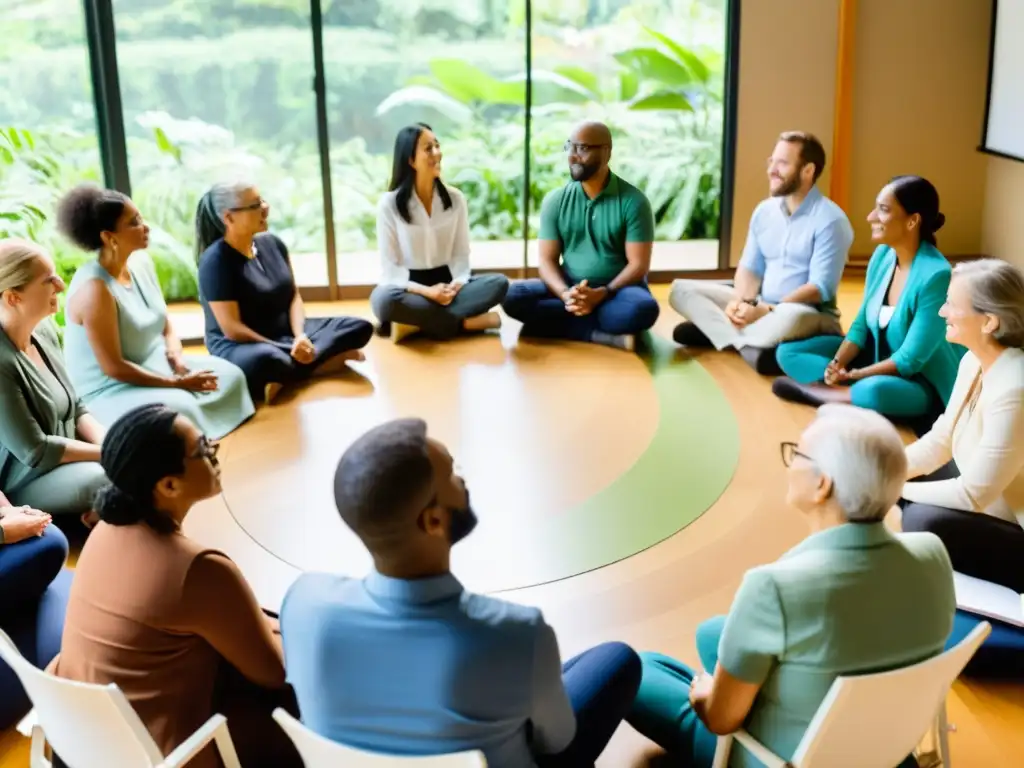 Profesionales participan en un taller de liderazgo consciente inspirado en la filosofía de Krishnamurti, en un entorno armonioso y contemplativo