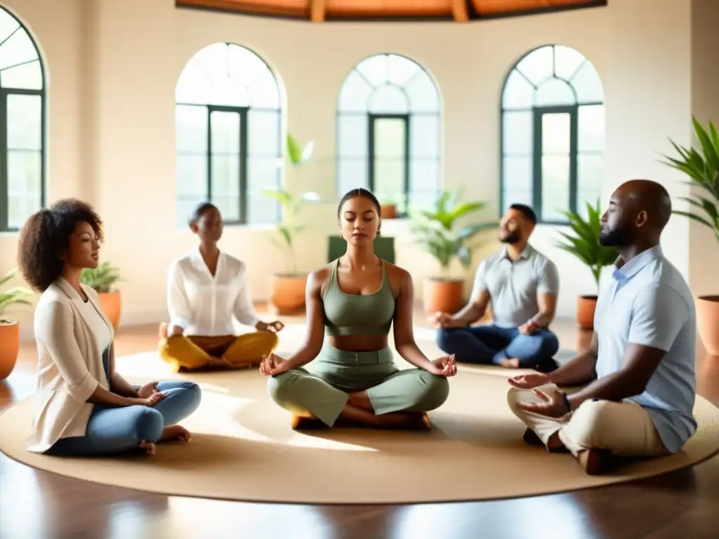 Profesionales practican técnicas budistas para mindfulness en liderazgo en un círculo, en un entorno sereno y armonioso
