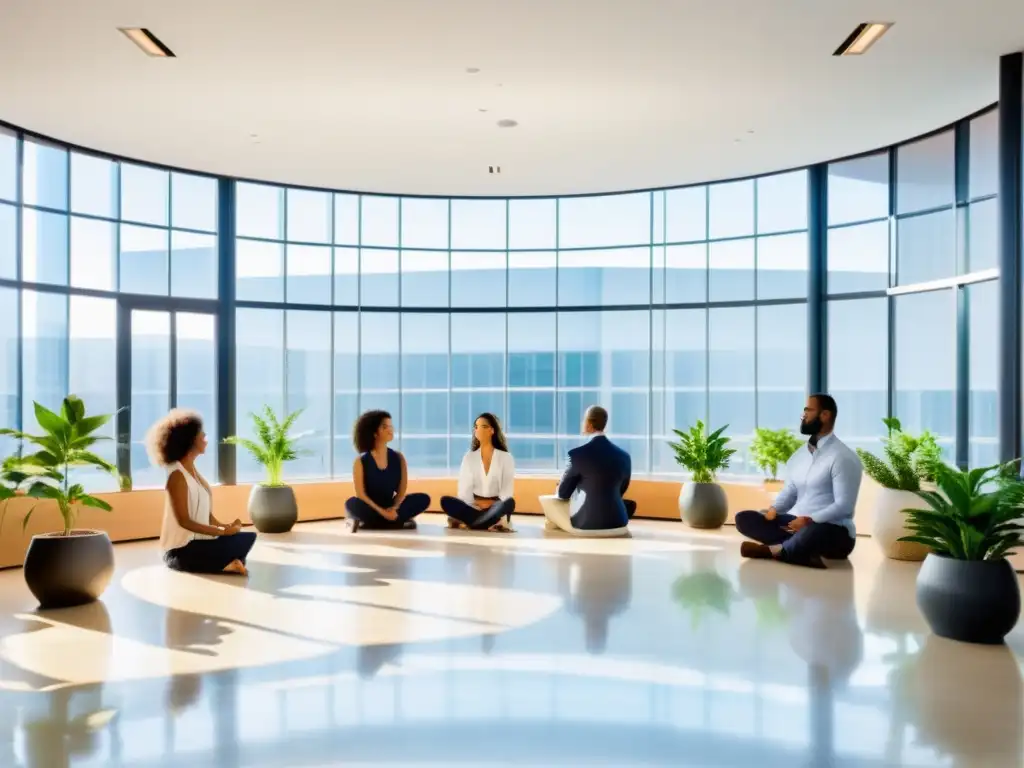 Profesionales practican técnicas budistas para mindfulness en liderazgo en una oficina serena y luminosa