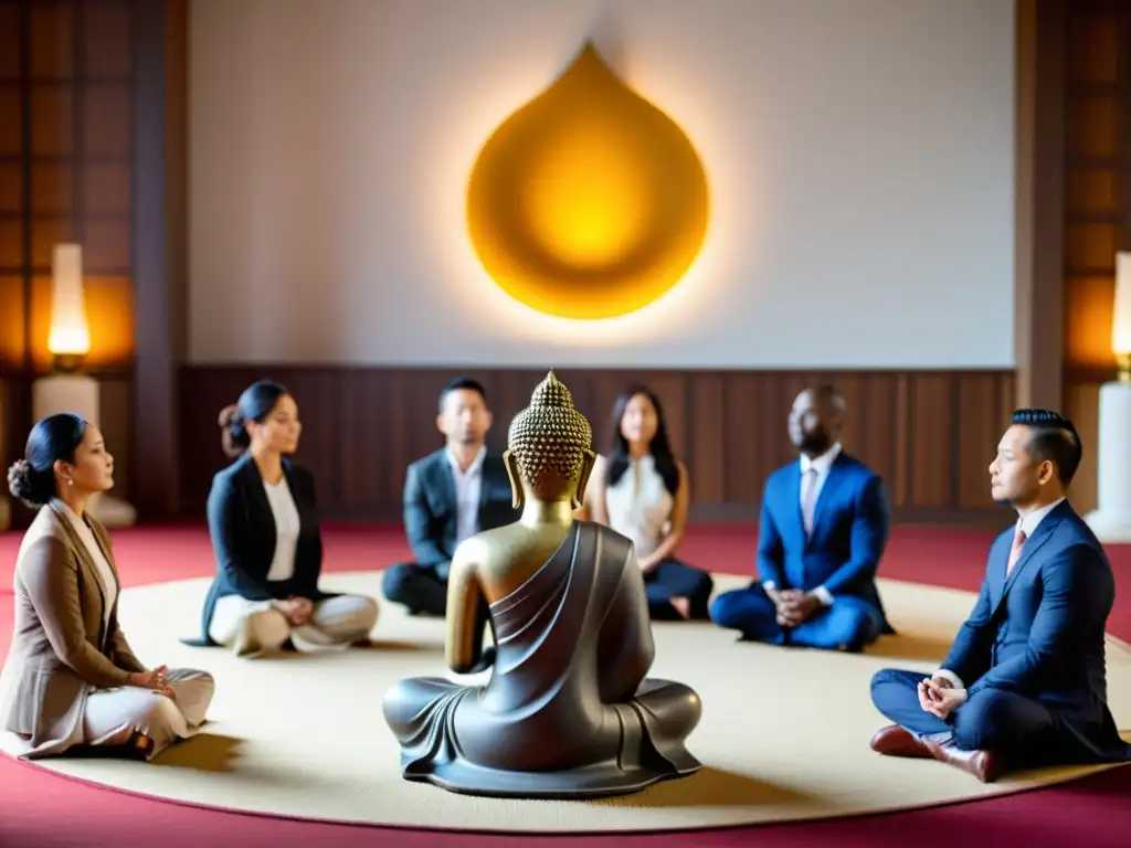Profesionales en sesión de mindfulness con técnicas budistas para mindfulness en liderazgo, en un ambiente sereno y enfocado