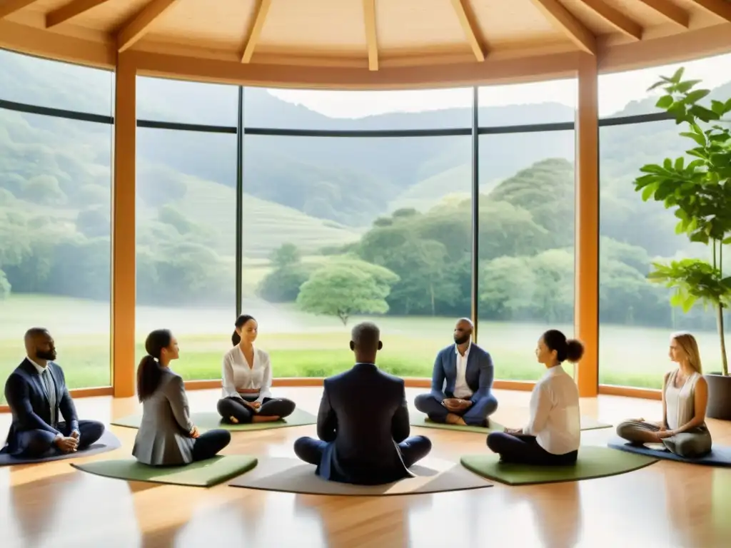 Profesionales practican técnicas budistas para mindfulness en liderazgo, creando un ambiente sereno y enfocado