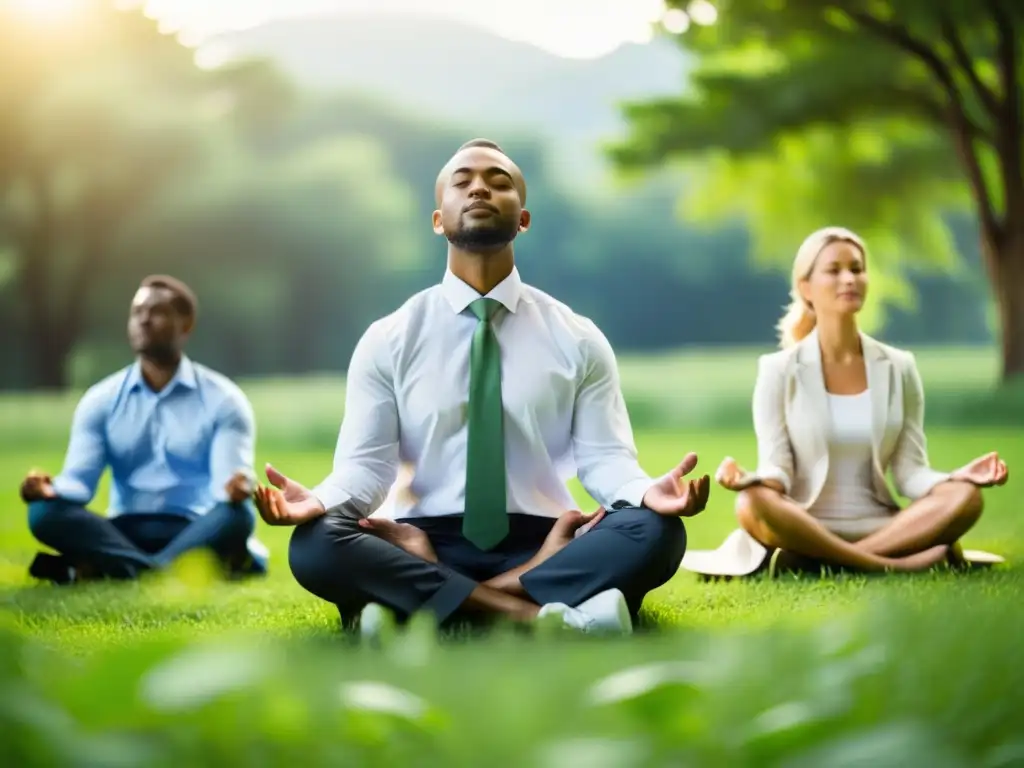 Profesionales practicando técnicas budistas para mindfulness en liderazgo en un prado verde y sereno, transmitiendo paz y unidad