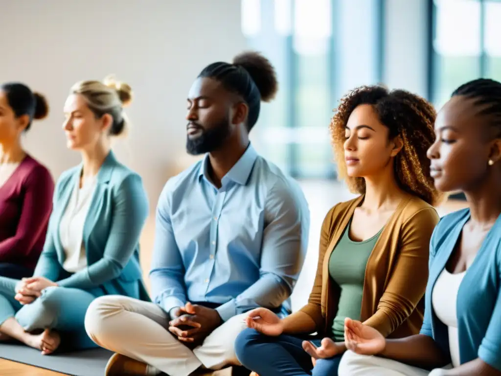 Profesionales practican mindfulness en el trabajo para productividad, en círculo con expresiones serenas