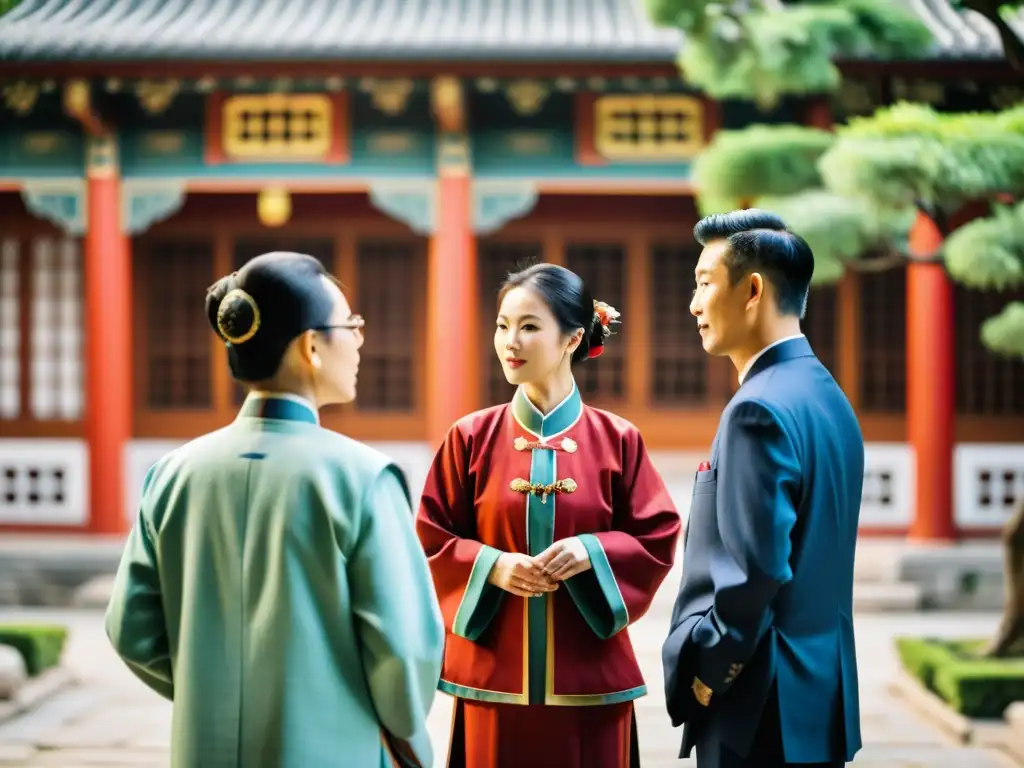 Profesionales en vestimenta tradicional confuciana, dialogando en un patio chino mientras destacan la ética empresarial en Confucianismo