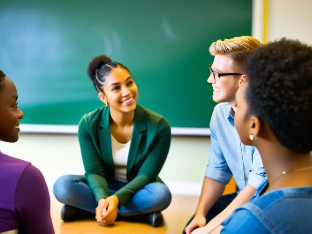 Profesor y estudiantes en círculo, dialogando en un aula inclusiva