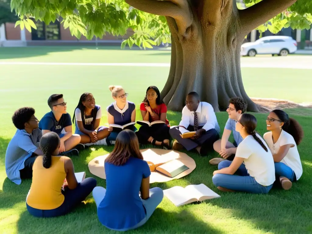 Un profesor y estudiantes diversxs discuten apasionadamente debajo de un árbol