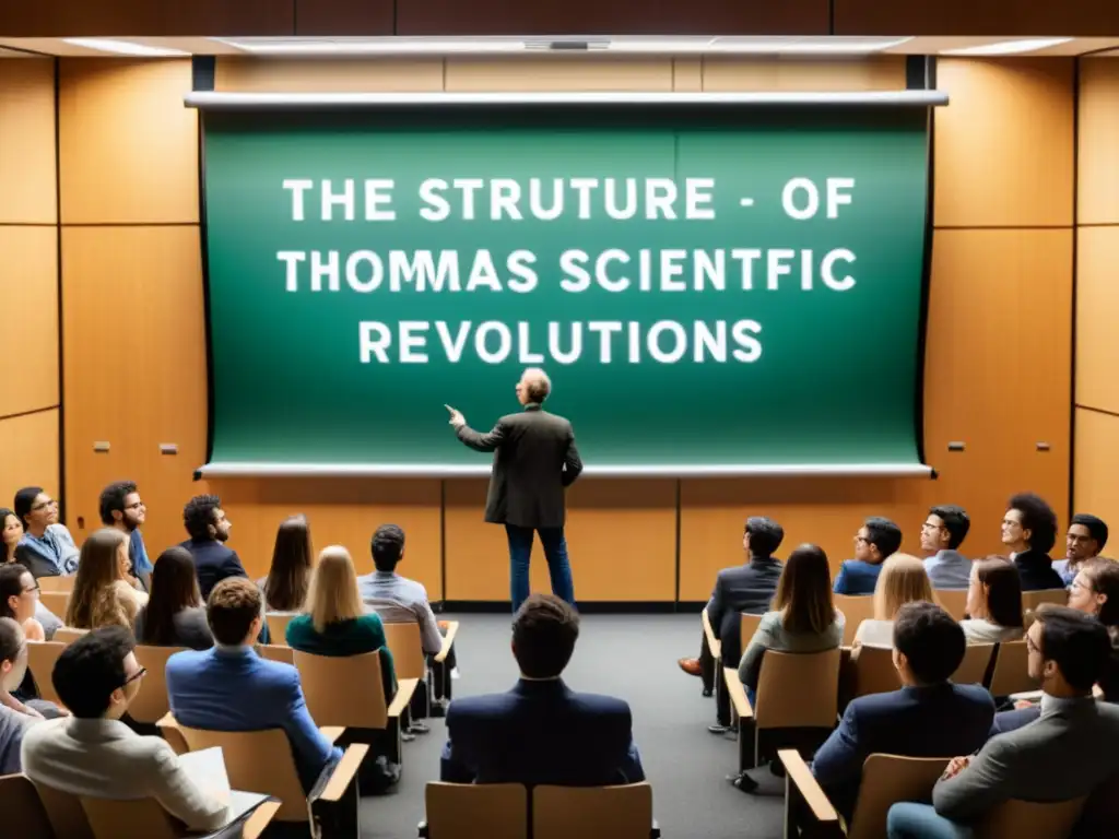 Profesor y estudiantes discuten el impacto de La Estructura de las Revoluciones Científicas en filosofía, en un aula llena de atención e intelectualidad