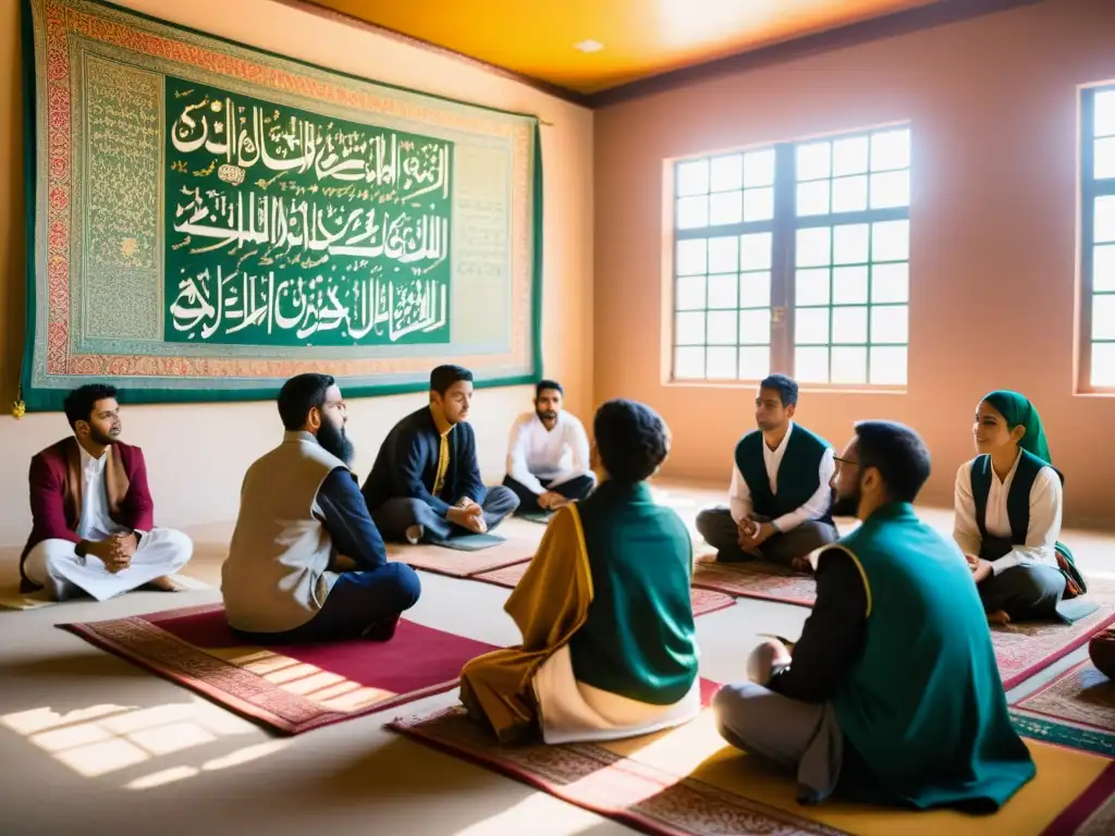 Profesor y estudiantes discuten apasionadamente filosofía islámica en un aula decorada con motivos culturales