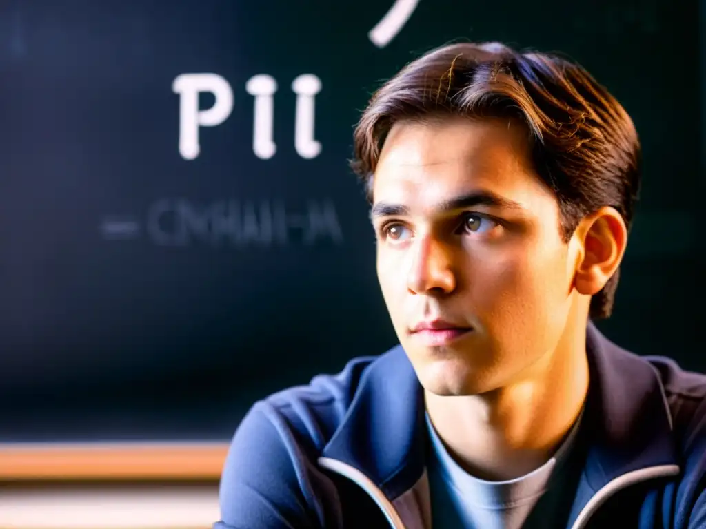 El protagonista de 'Pi' se concentra intensamente frente a una fórmula matemática en una pizarra, con sudor en la frente