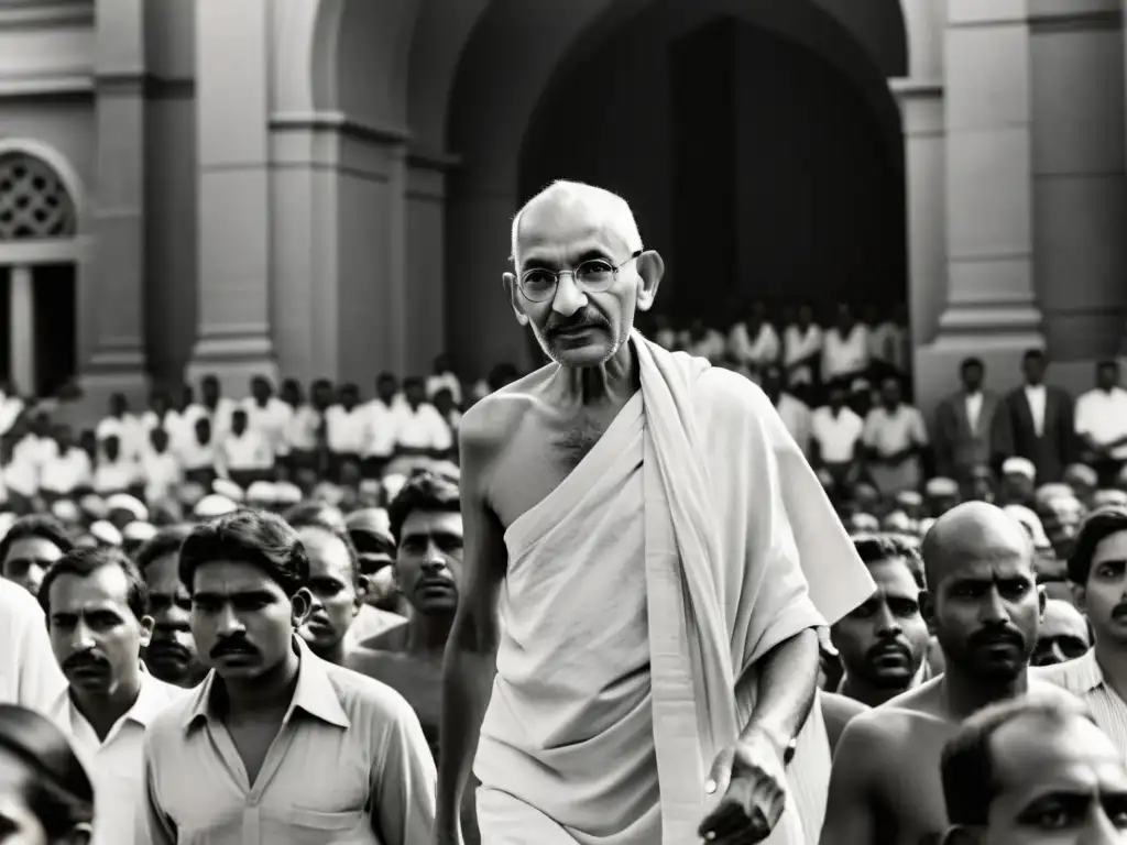 Mahatma Gandhi liderando una protesta pacífica, mostrando determinación y valores éticos en liderazgo