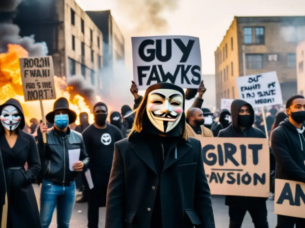 Protesta urbana con grafitis y manifestantes enmascarados, simbolizando la relación entre postmodernismo y anarquismo