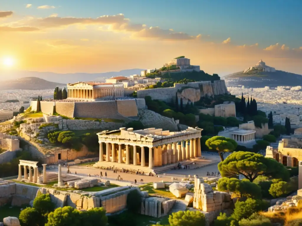 La psicología del asombro: una escena impactante de las ruinas antiguas de Atenas con el Partenón al fondo, evocando la filosofía de Sócrates