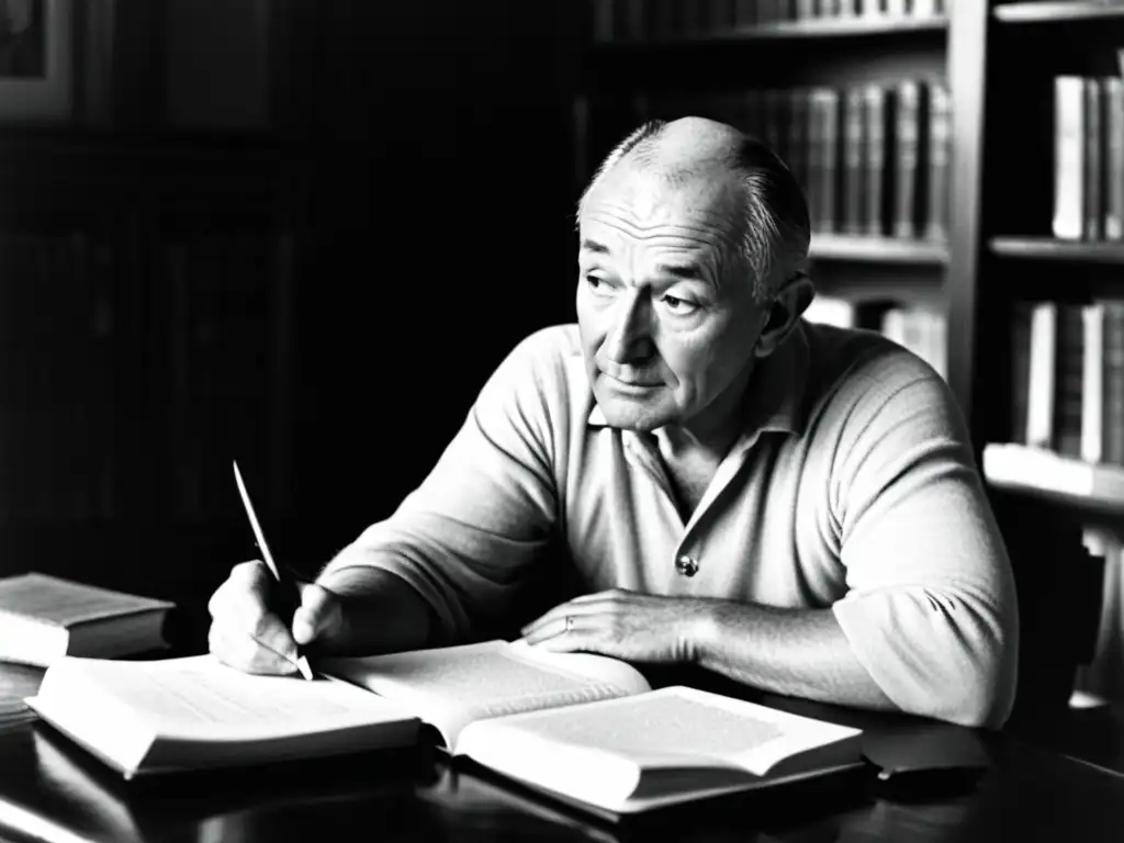 John Locke reflexiona sobre la psicología del desarrollo personal, rodeado de libros y papeles mientras sostiene una pluma sobre un diario abierto
