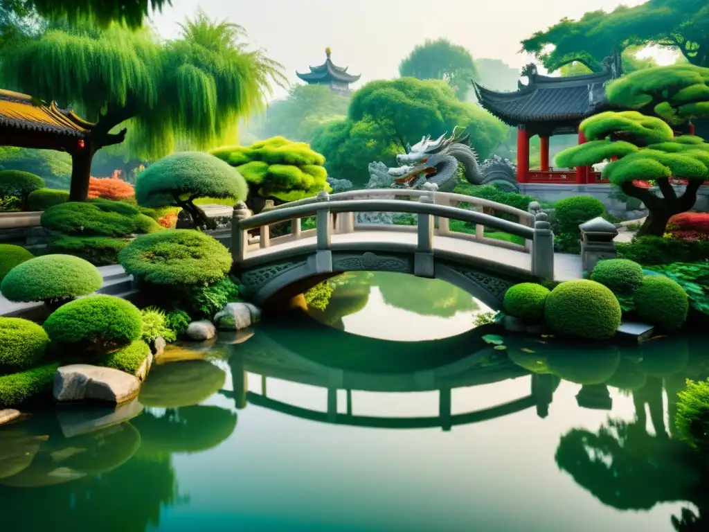 Un puente de piedra antiguo y sereno en un jardín chino tradicional refleja la influencia del Confucianismo en la política oriental