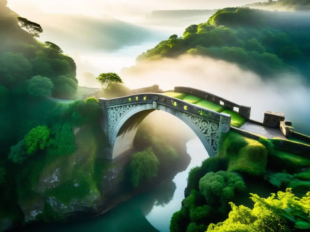 Puentes entre filosofía esotérica: Misterioso puente antiguo envuelto en neblina, con símbolos esotéricos y un paisaje místico iluminado por el sol