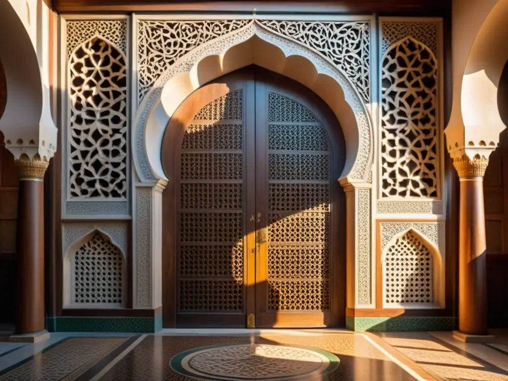 Una puerta de madera tallada de una mezquita histórica con patrones geométricos, luz solar y sombras dramáticas en el suelo