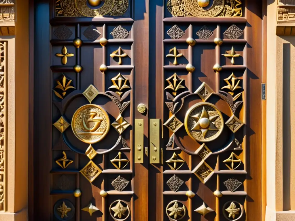Una puerta de madera tallada con símbolos y motivos religiosos de diversas culturas, bañada en cálida luz dorada, evocando la unidad y la comunicación asertiva en el diálogo interreligioso