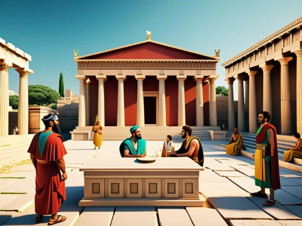 Simulación de realidad virtual en 8k de Antigua Atenas con juegos filosóficos, filósofos, estudiantes y ciudadanos debatiendo en la Ágora