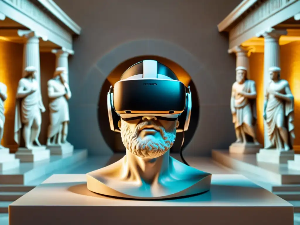 Realidad virtual filosófica con Platón y Aristóteles en un entorno moderno y antiguo, fusionando sabiduría y tecnología de vanguardia