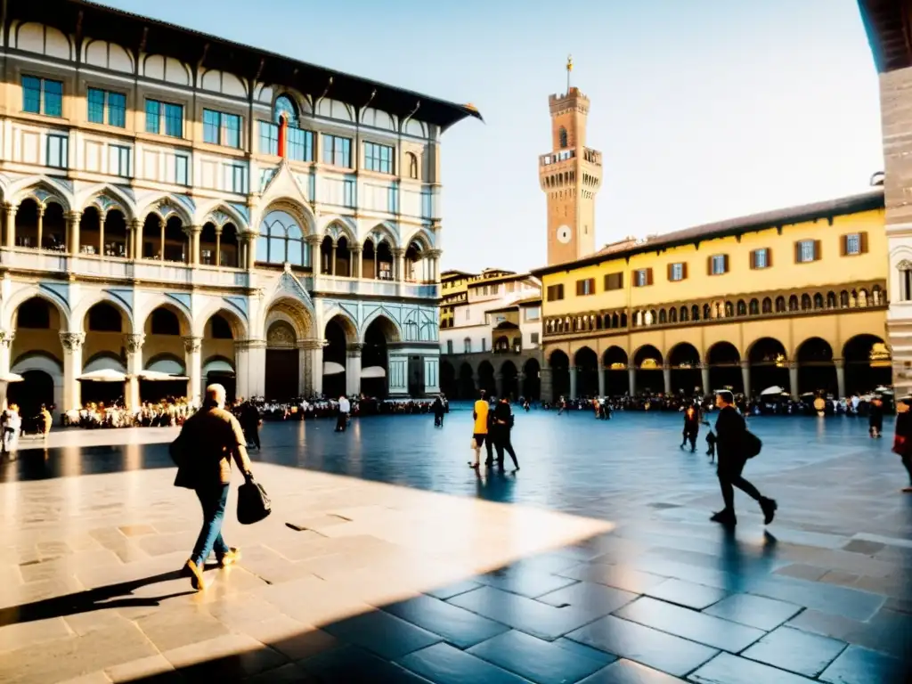 La Piazza della Signoria en Florencia, Italia, rebosa de actividad bajo el cálido sol dorado, destacando el Renacimiento filosófico de la ciudad