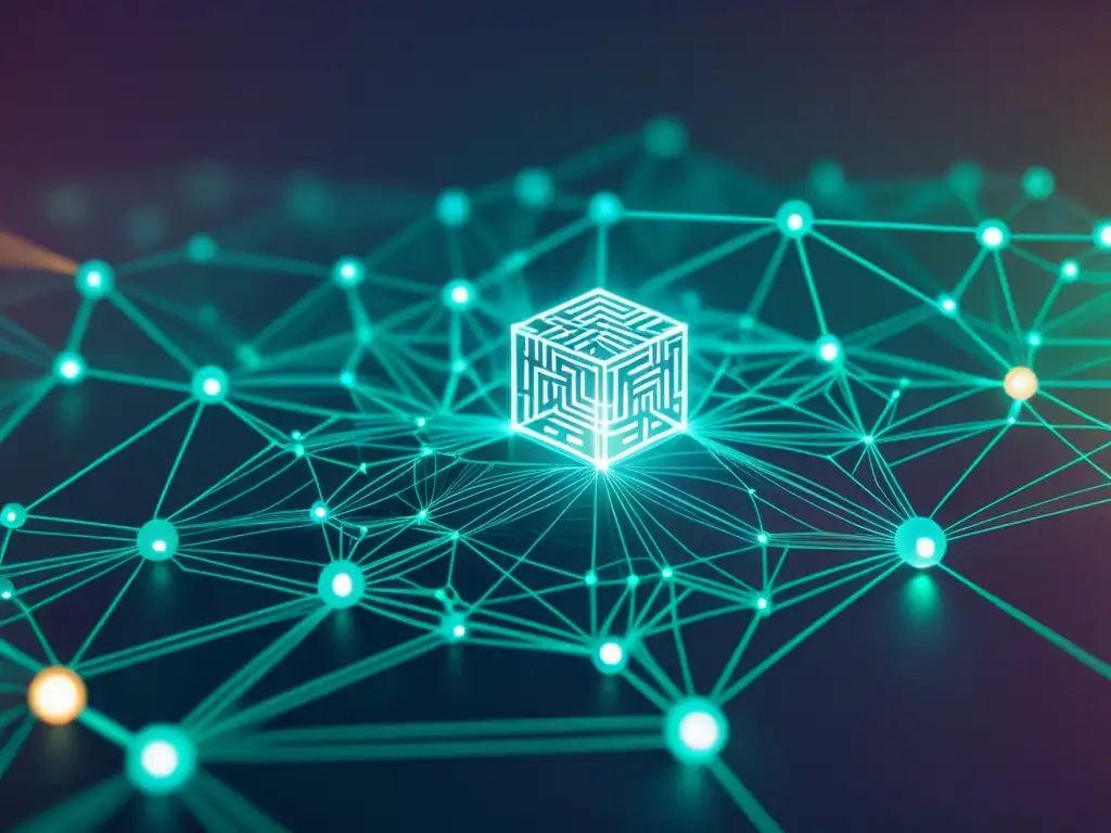 Una red de blockchain se visualiza como una compleja y elegante red de nodos y puntos de datos, con una estética de Blockchain Tecnología Distribuida
