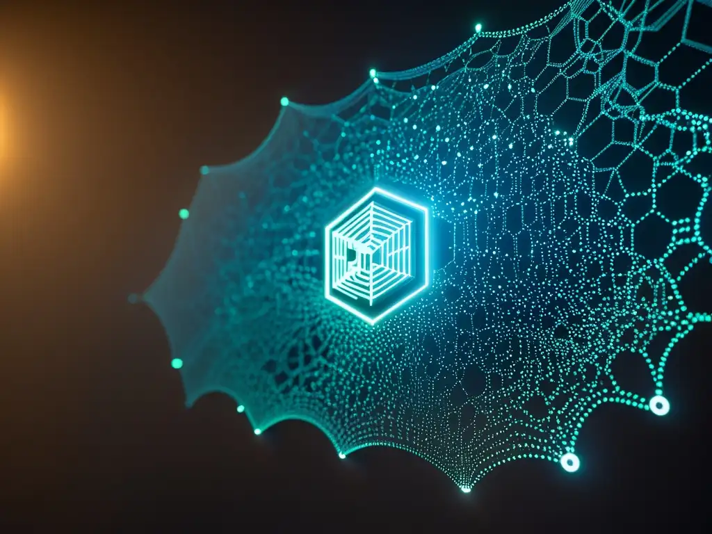 Una red de blockchain proyectada en una pared tenue, con una belleza enigmática que captura la metafísica de la cadena de bloques
