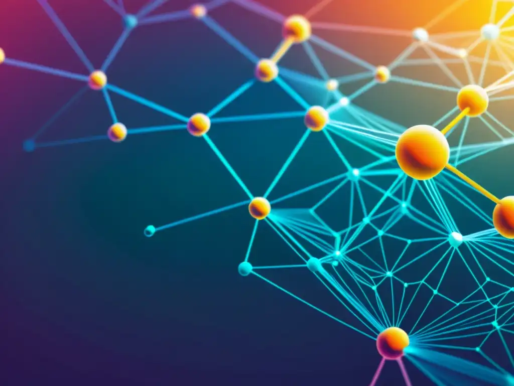 Una red blockchain visualizada como nodos interconectados y líneas, simbolizando la complejidad de la tecnología