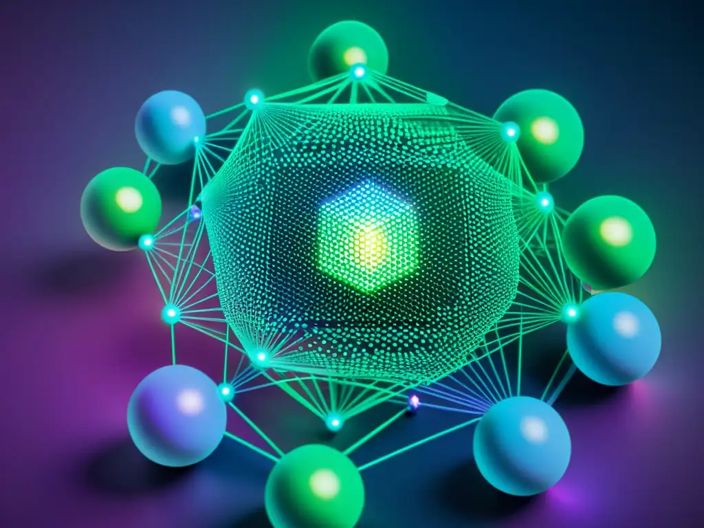 Una red de blockchain visualizada como una red de nodos interconectados con estética futurista holográfica en vibrantes colores azules, púrpuras y verdes, capturando la esencia de la Estética de Blockchain Tecnología Distribuida